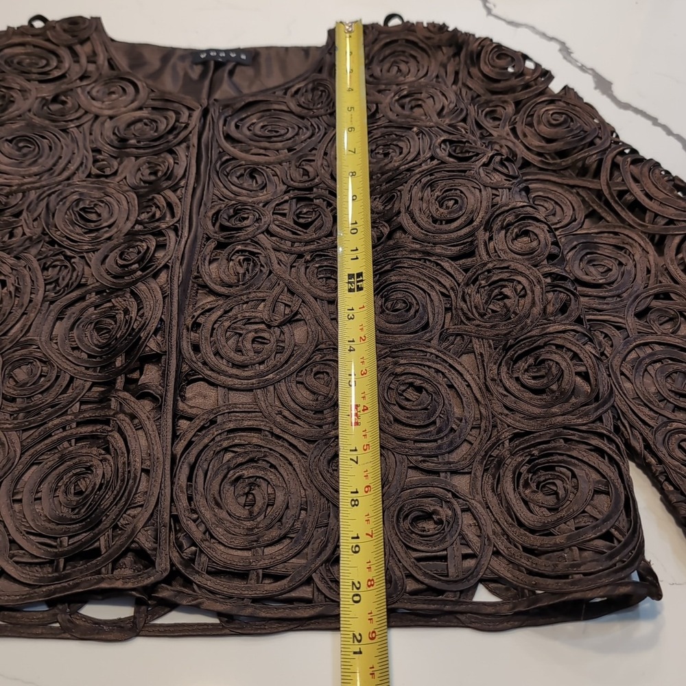 Chocolate Brown Rosette Ribbon Jacket Womens Large Open Front Cropped - Picture 6 of 13